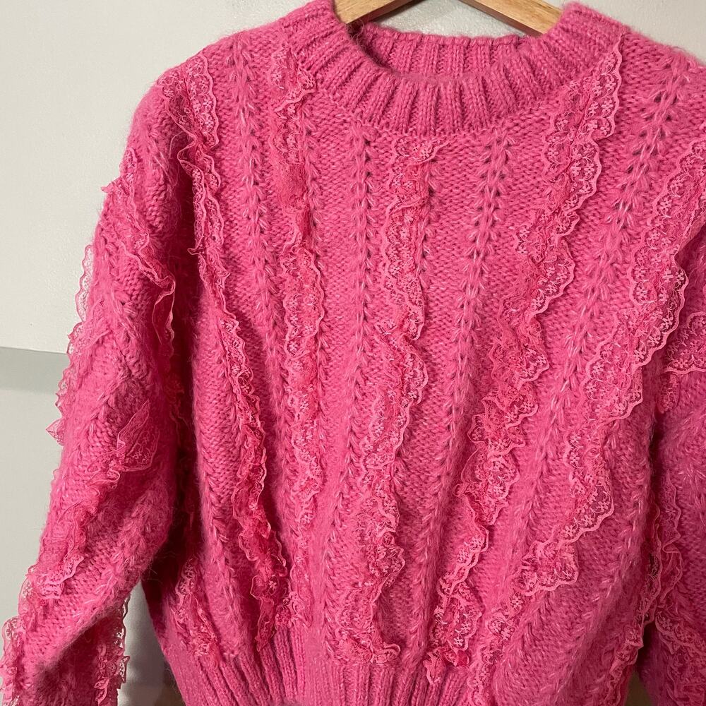 Zara Pink Ruffled & Lace Chunky Knit Sweater SZ Medium Girly Coquette Preppy - Picture 6 of 15